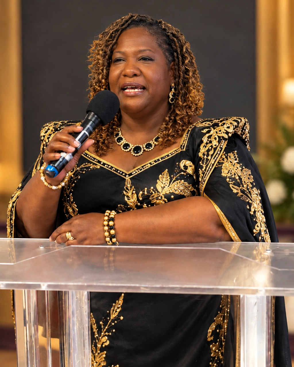 Pastor Cathy Matthews speaking at the pulpit
